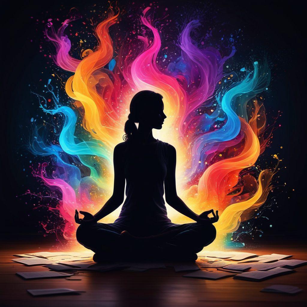 A silhouette of a person sitting cross-legged, meditating with colorful streams of inspiration flowing around them, filled with words like 'Ideas', 'Creativity', and 'Wisdom'. Surround them with books, a laptop, and a lightbulb glowing above their head, symbolizing inner genius. The background features an abstract blend of vibrant colors representing thoughts swirling in the mind. super-realistic. vibrant colors. 3D.