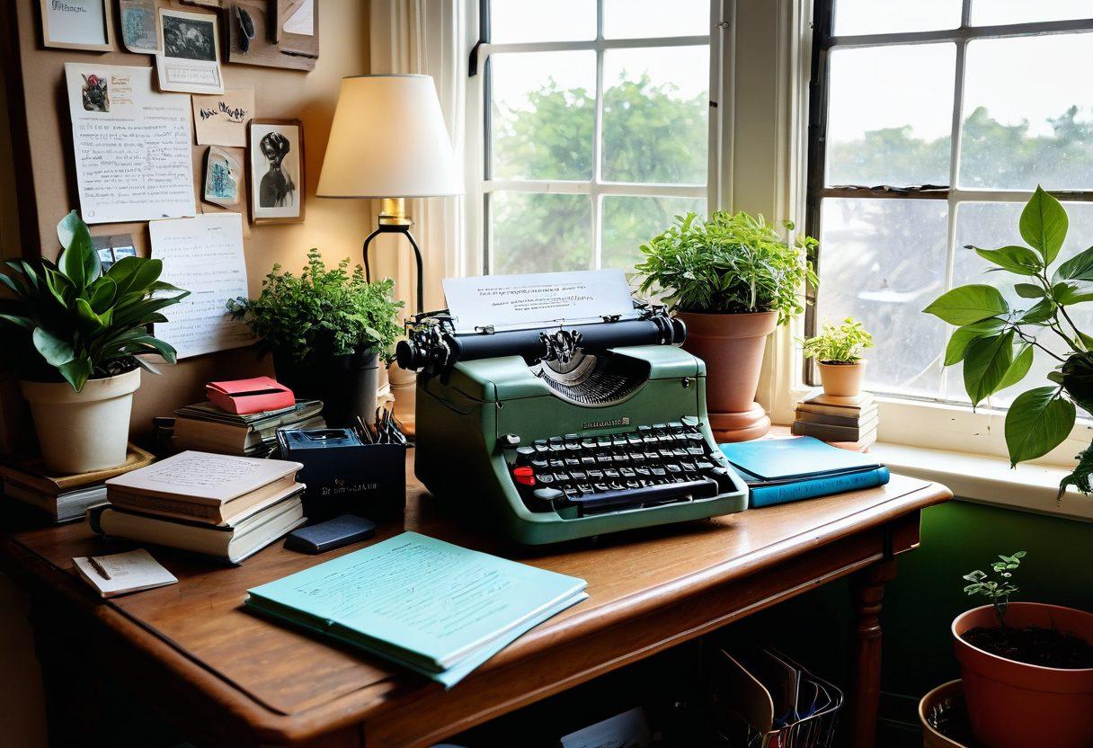 A whimsical workspace filled with vibrant journals, colorful stationery, and a vintage typewriter, surrounded by inspiring quotes on the walls. A warm sunlight beams through a window, illuminating a person writing passionately in their journal. Surrounding the desk, there are books and plants to evoke creativity and growth. The overall atmosphere is cozy and inviting, signifying the journey from inspiration to publication. vibrant colors. super-realistic. cozy ambiance.