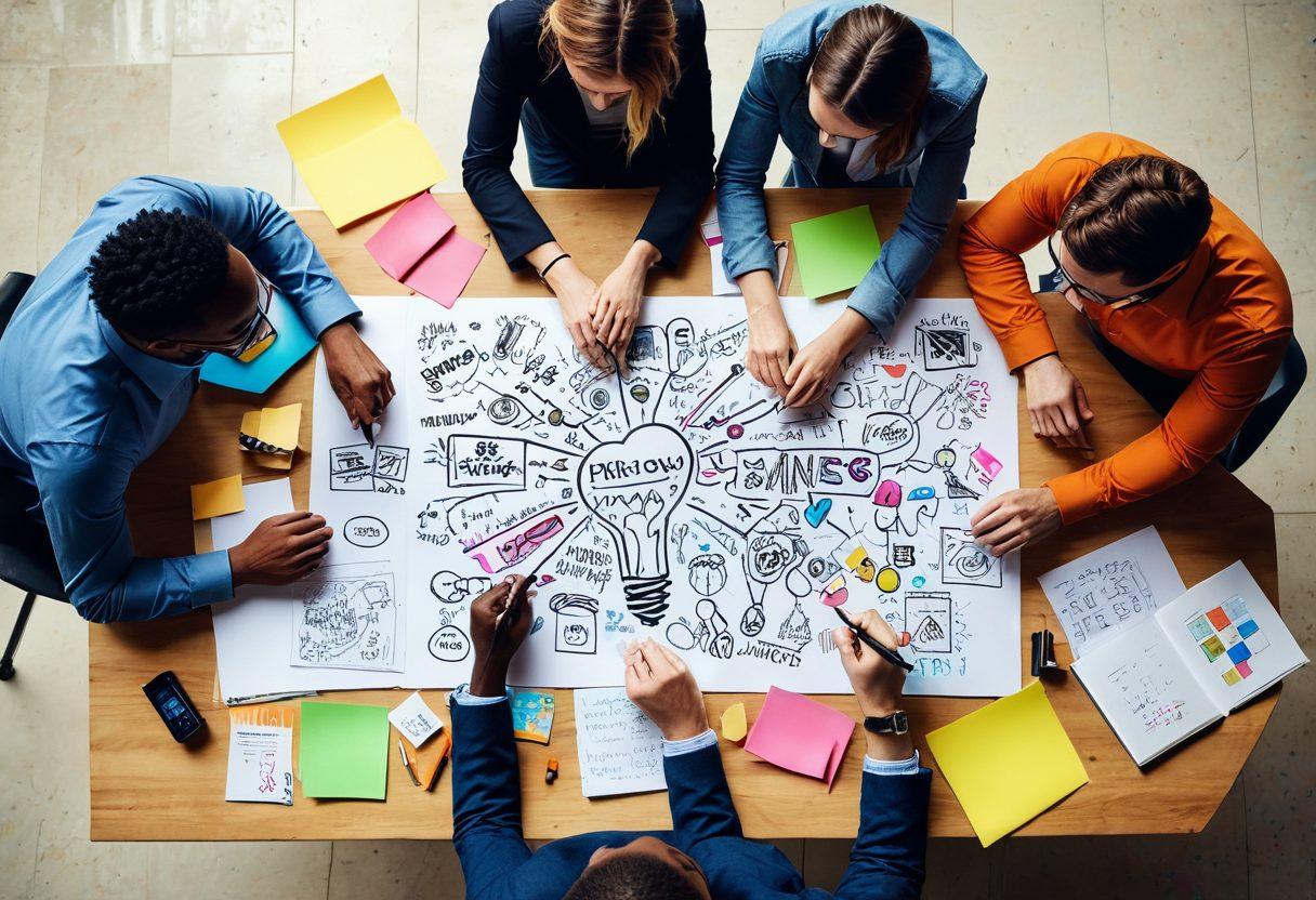 A vibrant brainstorming scene with a group of diverse individuals gathered around a large table filled with colorful sticky notes and sketches. A glowing light bulb hovers above them, symbolizing innovation and ideas coming to life. There's a laptop open showing a blog interface, and a notepad with written tips on engaging content. The atmosphere feels dynamic and inspiring, encouraging collaboration and creativity. super-realistic. vibrant colors. white background.